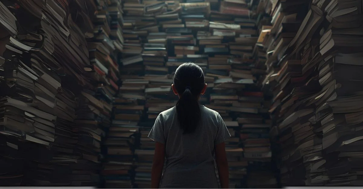 Enfant de 10 ans debout devant une immense montagne de livres, symbolisant les difficultés de lecture au 2e cycle.
