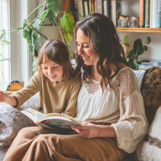Mère et enfant qui lisent en souriant