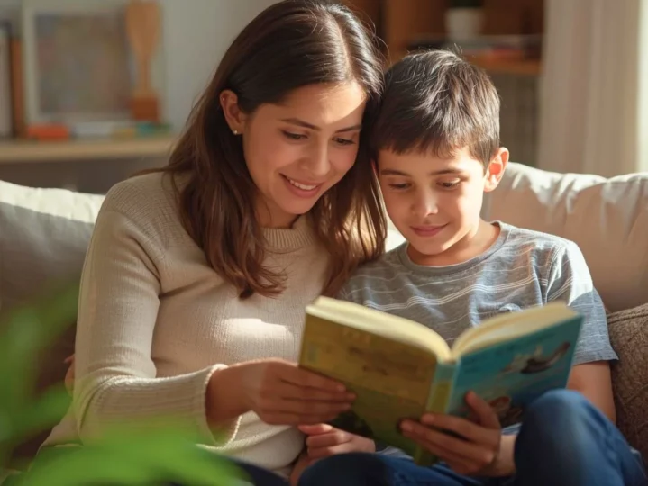 Parent et enfant lisant ensemble un livre, soutien en lecture.