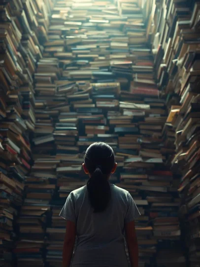 Enfant devant une montagne de livres, symbole des difficultés de lecture.