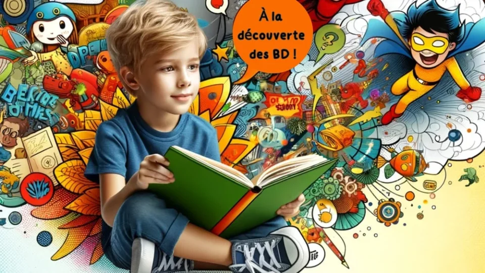 Garçon de 8 ans souriant immergé dans un monde de bande dessinée