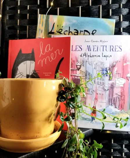 Albums sans texte pour enfants sur une étagère de bibliothèque avec une plante