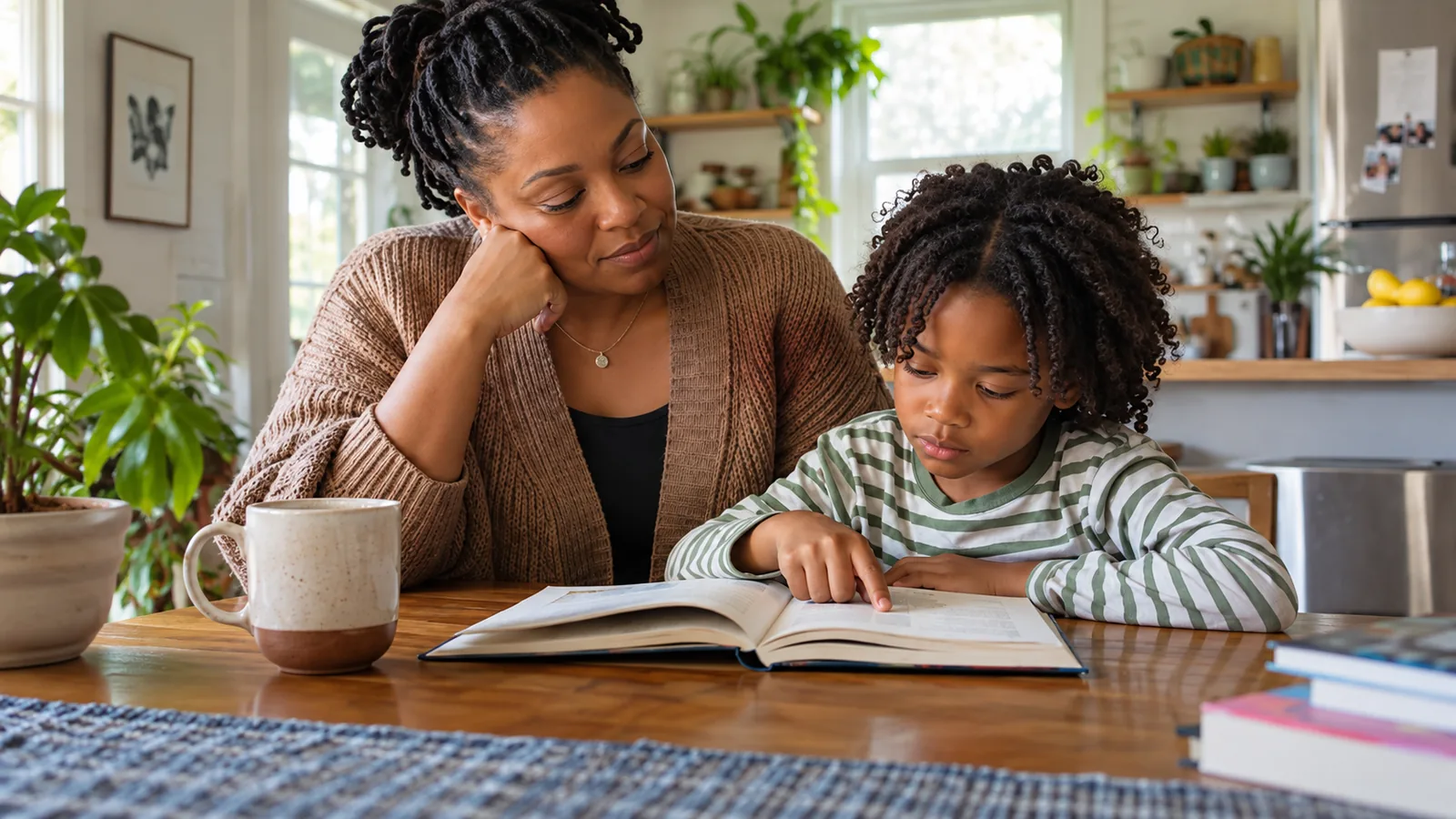 Une mère accompagne son enfant qui suit du doigt le texte d’un livre ouvert.